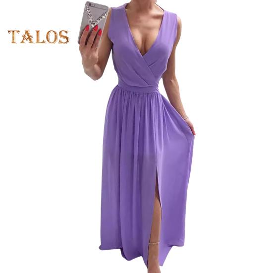 Женское вечернее платье с V-образным вырезом без рукавов, плиссированное подол с разрезом, тонкая талия, длина до пола, сплошной цвет, свадебное коктейльное платье для выпускного вечера, макси-платье