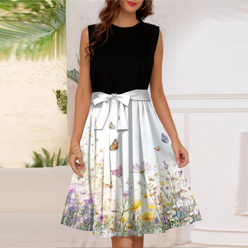 Женское модное повседневное короткое платье без рукавов со шнуровкой и круглым вырезом