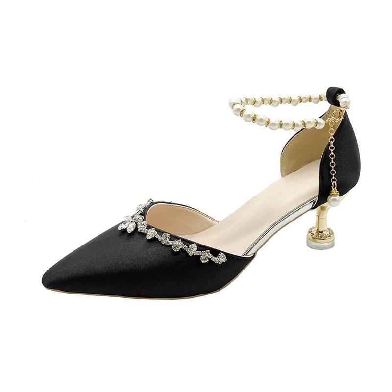 Дизайн модного бренда, туфли-лодочки с ремешком на щиколотке из жемчужной цепочки, женские, лето 2025, сексуальные, с острым носком, на высоком каблуке, вечерние туфли, роскошные, блестящие, свадебные туфли