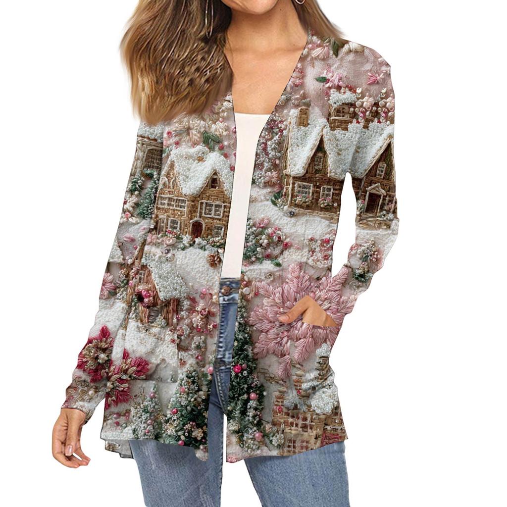 Женский модный кардиган-пальто с длинным рукавом, карманами, приталенного силуэта и рождественским принтом