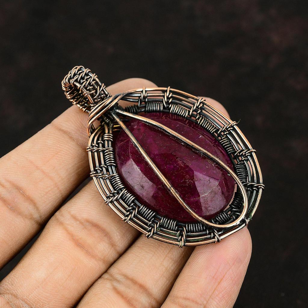 Кулон из медной проволоки с рубином из кашмира, драгоценный камень, медный кулон, ювелирные изделия из медной проволоки с рубином из кашмира, подарок для мамы, подарок для нее
