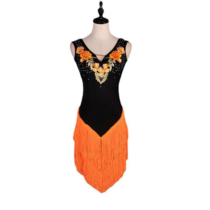 LIUHUO Fringed Latin Dance Dress Rhinestone V-Neck Performance Skirt Ballroom