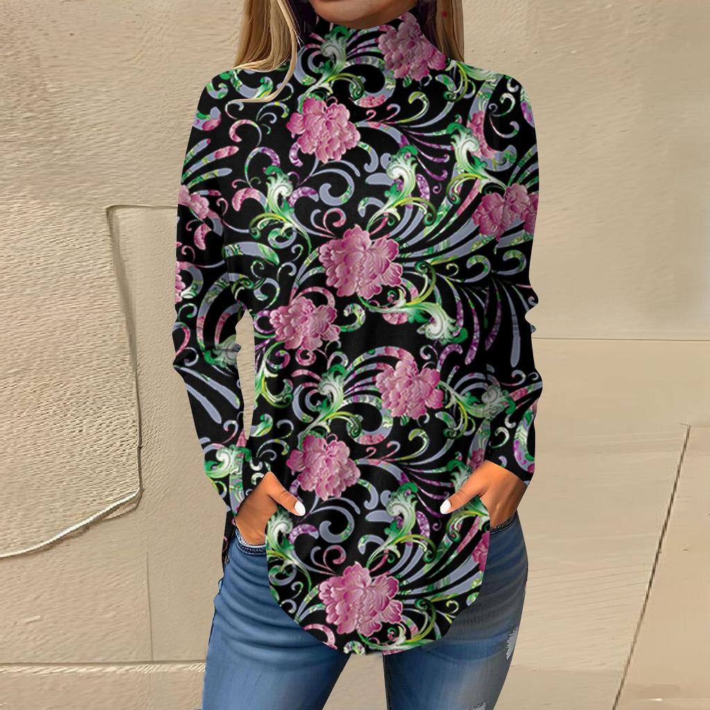 Женская свободная футболка с высоким воротом и длинными рукавами с цветочным принтом в стиле ретро, топ-пуловер