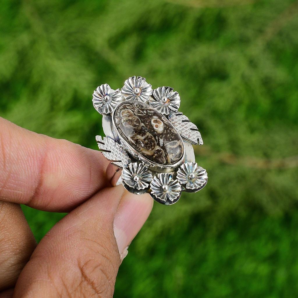 Gift For Her Natural Turritella Agate Promise Flower Adjustable Ring 925 Silver
