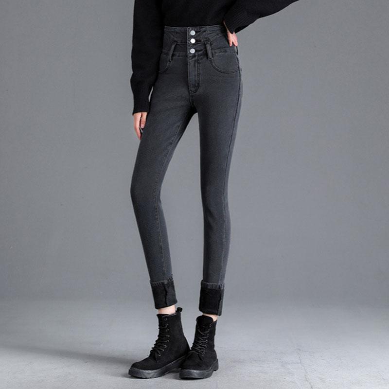 Теплые джинсовые брюки плюс утолщенные брюки из бархата с высокой талией на молнии, устойчивые к холоду, облегающие узкие брюки, джинсы женские 4XL