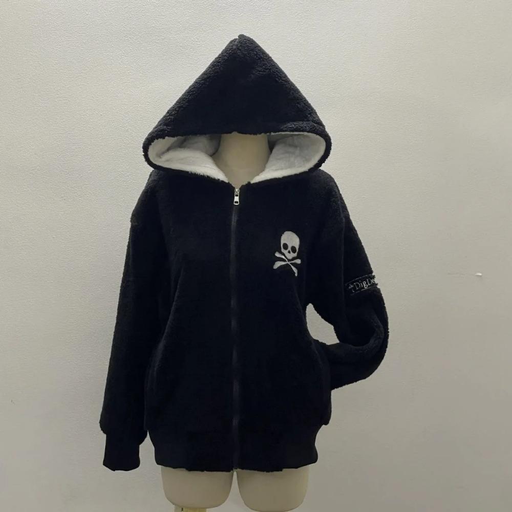 Винтажная толстовка с капюшоном и меховым воротником с надписью «Письмо» на молнии «Осень-зима» Y2K, флисовая куртка в стиле ретро «Харадзюку», вышивка, плюш, темная мода