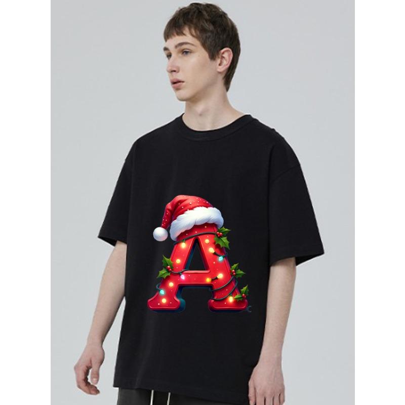 Christmas Letter A T-Shirt Black Santa Hat and Lights Print Holiday Party Wear