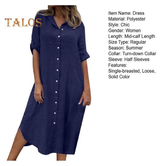 Летнее женское платье, однобортное, с коротким рукавом, с отложным воротником, свободное однотонное платье с пуговицами, повседневное платье-миди