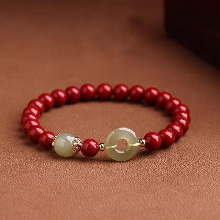 Genuine cinnabar bracelet for women, natural Hetian jade peace buckle bracelet for men, niche zodiac jewelry gift