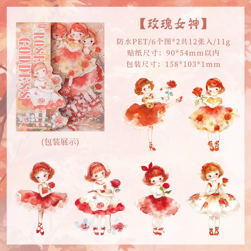 12-Sheet Cute Cartoon Young Girl Sticker Collection, Lovely Anime-Style Figures, Ideal for Scrapbooking & DIY Crafts