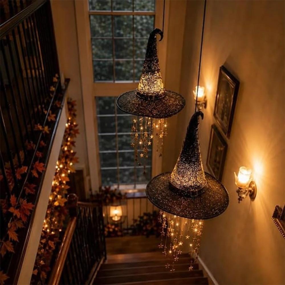 Glowing LED Light‑Up Witch Hat Ornament with Star Tassels Halloween Witch Hat Decor Porch
