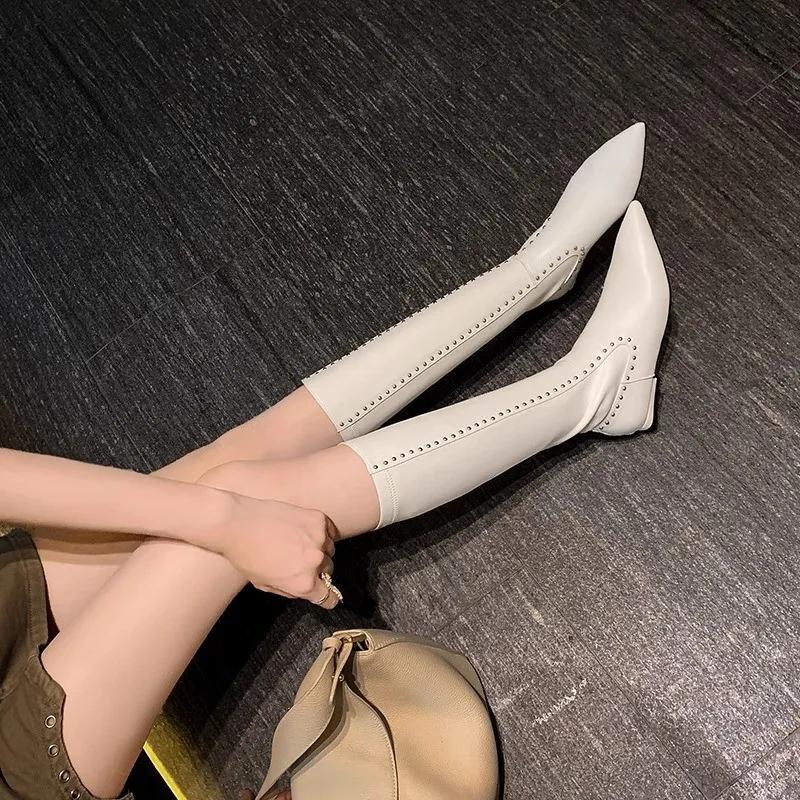 Модные балетки с острым носком женские ботинки челси до колена кожаная обувь осень зима новая мода сексуальные гладиаторские на молнии женские длинные боты