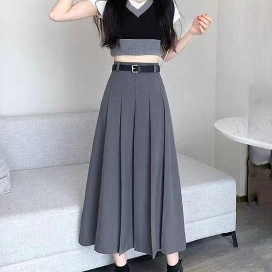 Плиссированная юбка с высокой талией и поясом, однотонная длинная юбка трапециевидной формы, длиной до щиколотки, офисный повседневный женский костюм, юбка