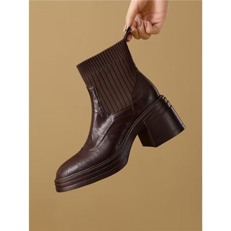 Fashion 2026 Winter Knitted Stretch Boots Women Luxury Genuine Leather Splicing Design Ankle Boots Comfortable Warm Sock Botas for Women