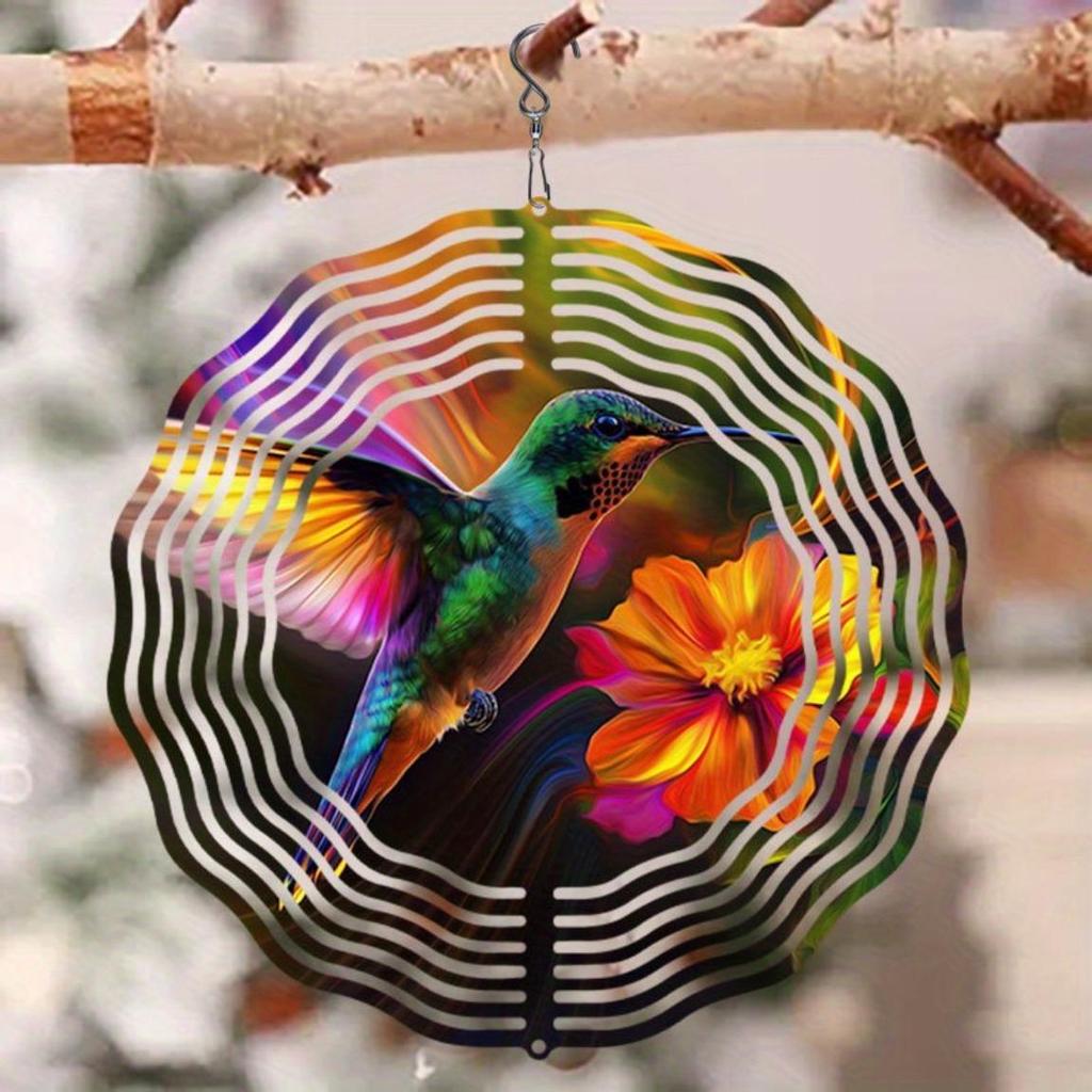 3D Hummingbird Wind Spinner Kinetic Metal Garden Decor Vibrant Floral Design Outdoor Indoor Wind Chime for Patio Yard Unique Gift Idea