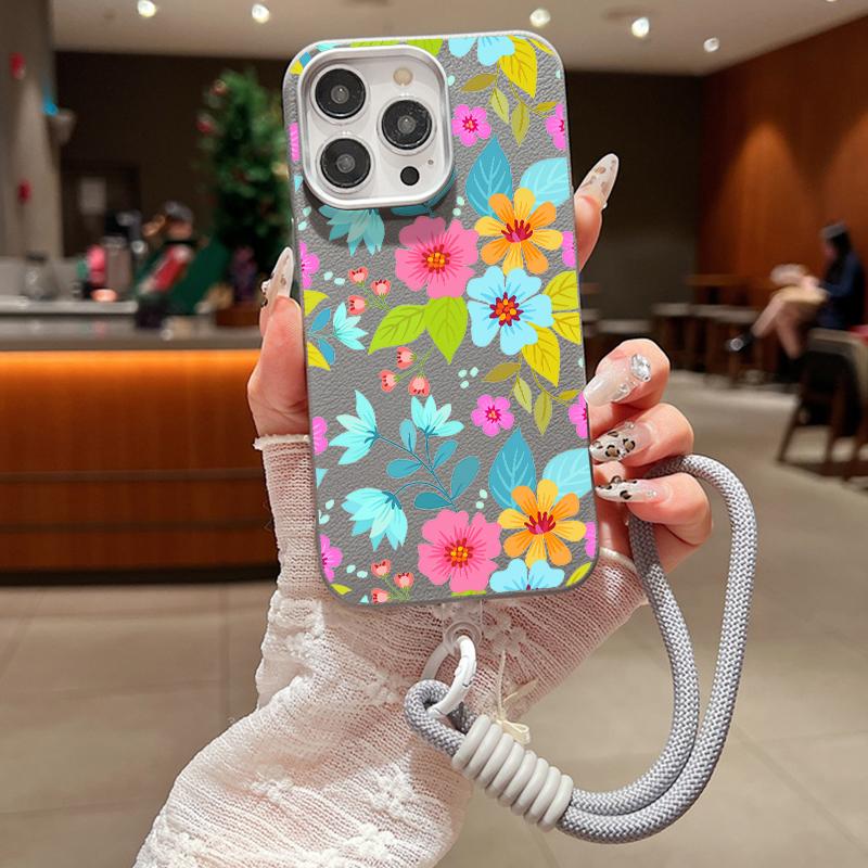 Чехол с цветочным узором и шнурком для iPhone 16 Pro 15 14 Plus 13 12 Pro Max 11, противоударный, кожаная текстура, мягкая, тонкая задняя крышка из ТПУ