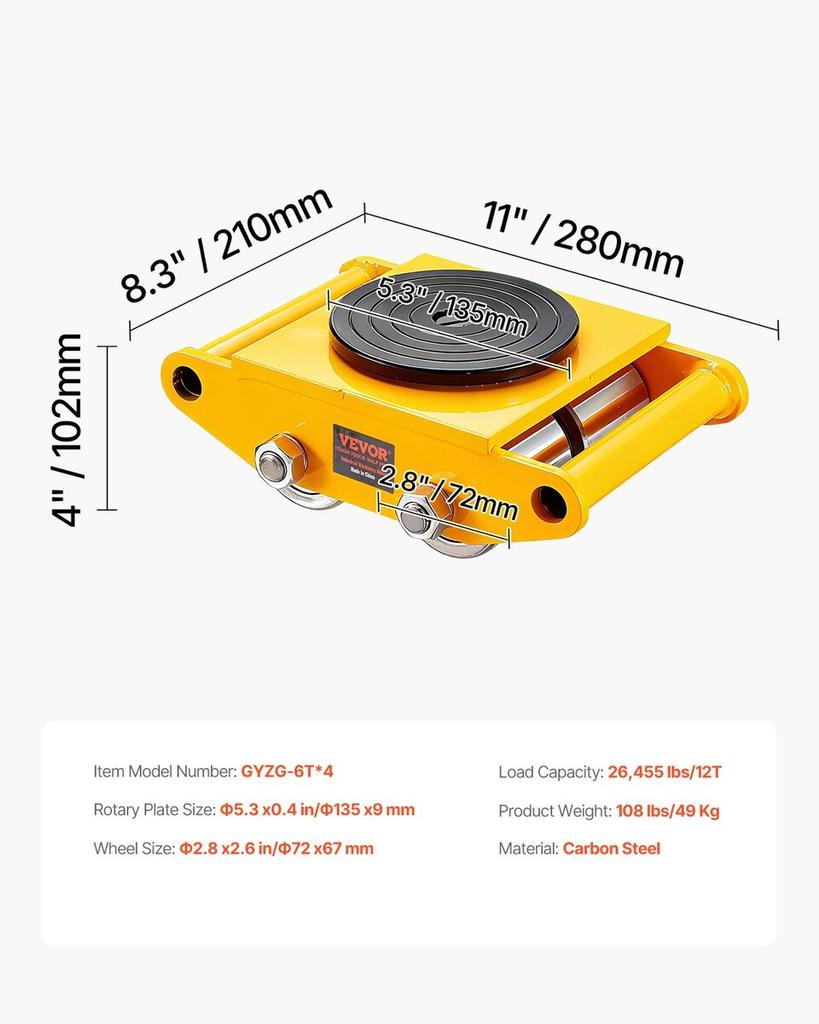 4PCS Machinery Skate Dolly, 26455LBS/12T Industrial Machinery Mover, Heavy Duty Carbon Steel Machinery Moving Skate & 4 Carbon Steel Wheels and 360°