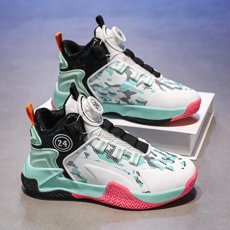 Новые баскетбольные кроссовки для мальчиков детская обувь кожаные боевые профессиональные кроссовки для бега вращающиеся кнопки нескользящая спортивная обувь