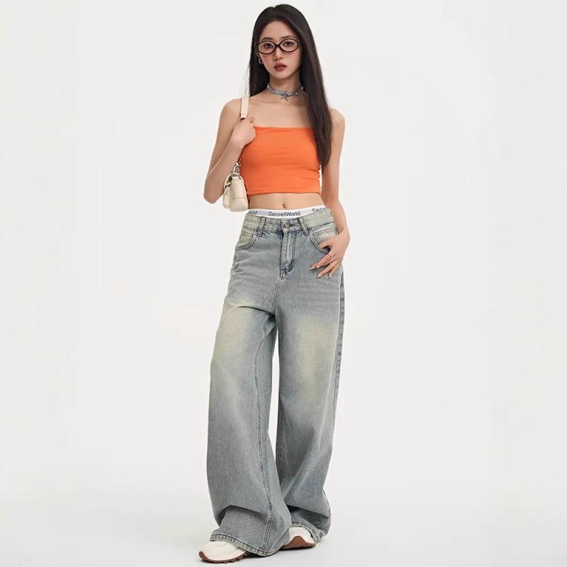 Womens High-Waisted Wide Leg Jeans Loose Fit Straight Cut Denim Pant Street Style