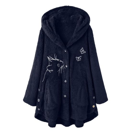 Women Winter Coat Thick Warm Thermal Long Sleeves Buttons Plush Butterflies Cozy Cat Pattern Winter Hoodie Coat for Outdoor
