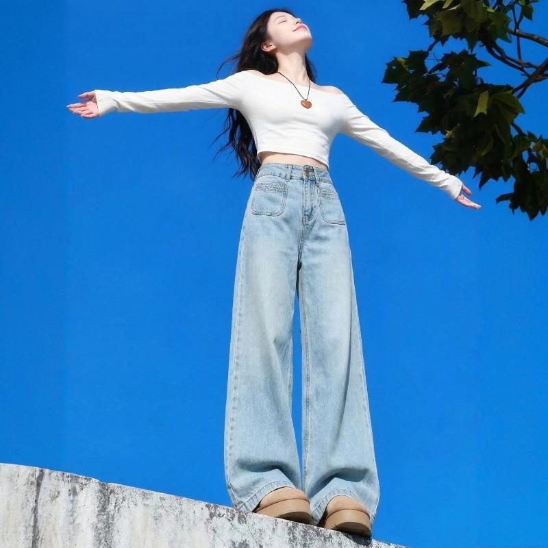 Cement gray American wide-leg jeans women's clothing 2026 autumn and winter loose high waist loose and thin large size floor pants