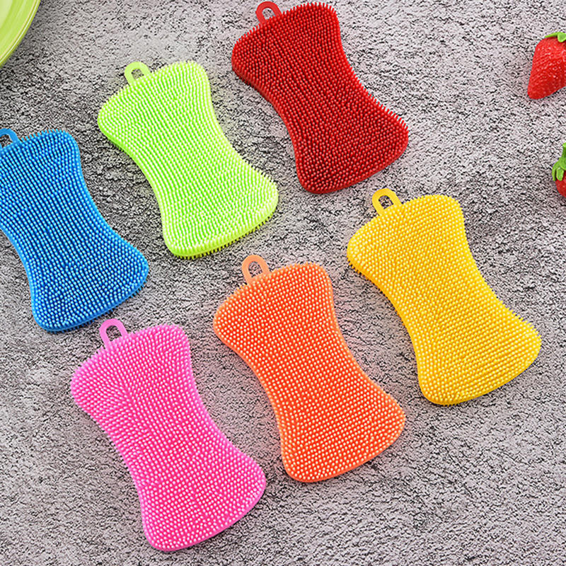 Double Sided Reusable Silicone Dishwashing Brush Flexible Soft Scrubber for Pots Pans Vegetables Fruit Cleaning Tool Sponge