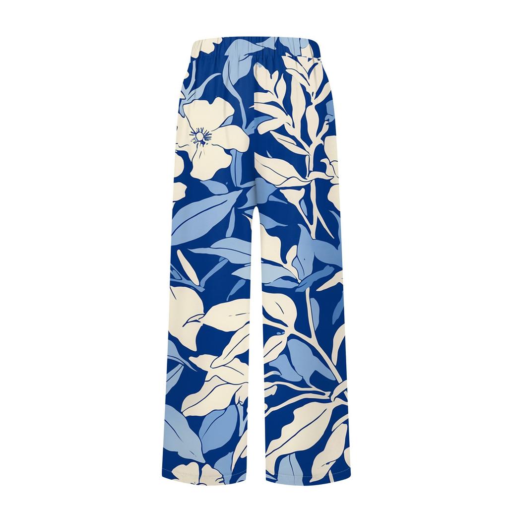 Women's Fashionable Floral Print Straight Leg Pocket Elastic Waist Casual Pants Pants