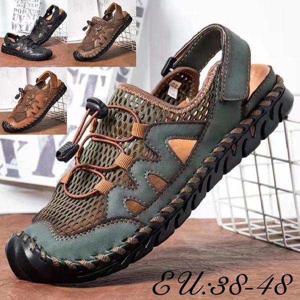 Breathable Mesh Sandals for Men Summer Casual Beach Sandals Genuine Cowhide Flats Sandals Wading Sandals Plus Size 38-48