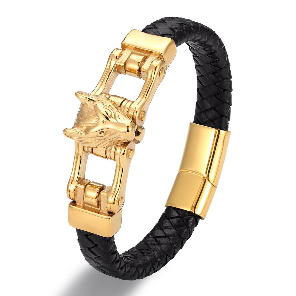 New Punk Design Gold Color Animal Genuine Leather Bracelet Men Female Stainless Steel Lion Wolf Leopard Bangle Wristband Jewelry