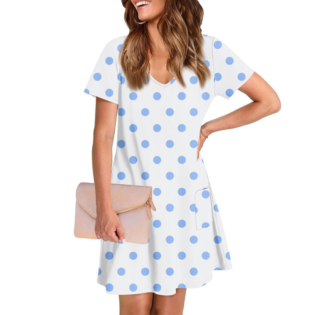 Женское повседневное и модное платье средней длины с V-образным вырезом и коротким рукавом с принтом