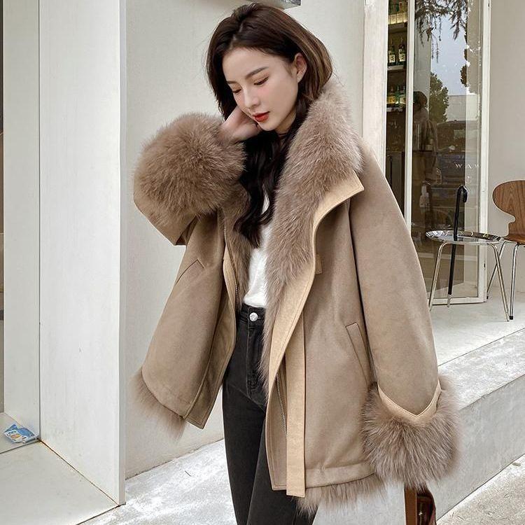 Winter Jacket Outerwear Women Long Warm Suede Parka Coat Patchwork Long Sleeve