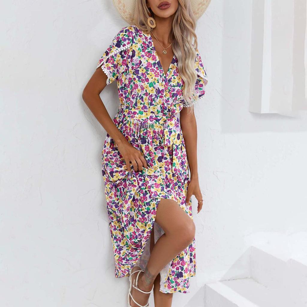 Женское летнее платье с короткими рукавами и высокой талией в этническом стиле на шнуровке