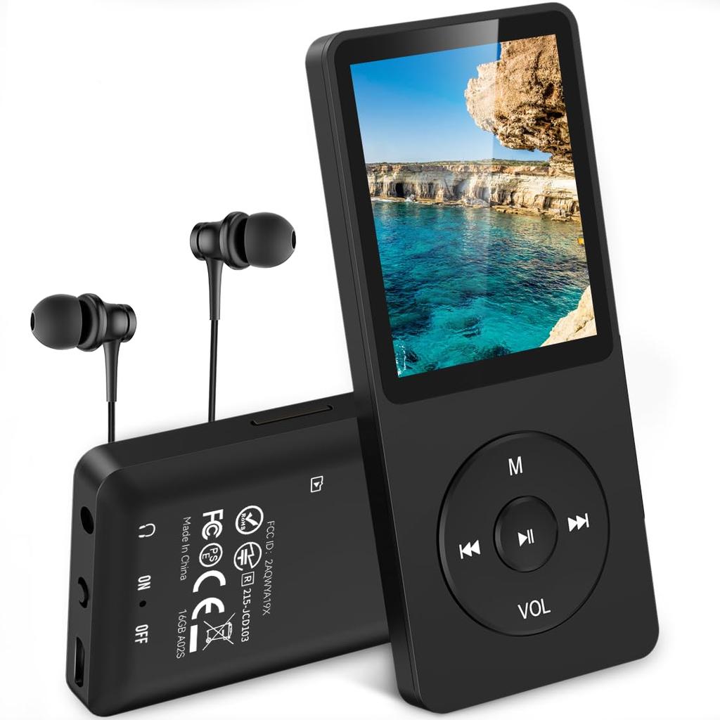 AGPTEK MP3 Player (2024 Upgrade) with 16GB Storage, Up To 40 Hours of Playback, Lossless Sound, and Earphones Included, Black
