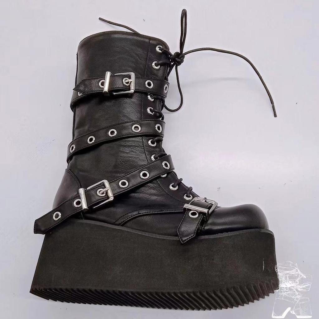 Autumn Women Boots Buckle Female Round Toe Wedges Platform Boots Punk Goth Ladies Fashion Street Shoes Combat Boots Plus Size 43