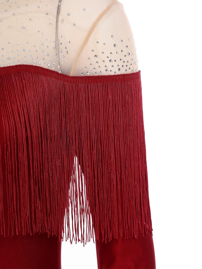 Женский латинский купальник с бахромой, воротником-стойкой, сетчатыми длинными рукавами, блестящими стразами, боди с бахромой