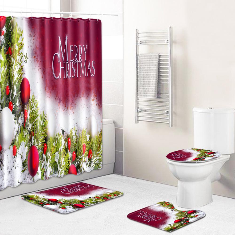Christmas Bathroom Non-Slip Door Mat, Shower Curtain Floor Mat Combination Four-Piece Toilet Absorbent Carpet