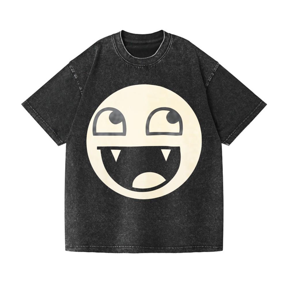 Vintage Acid Wash Cotton TShirt Unisex Funny Fangs Smile Cartoon Graphic Y2K Tee