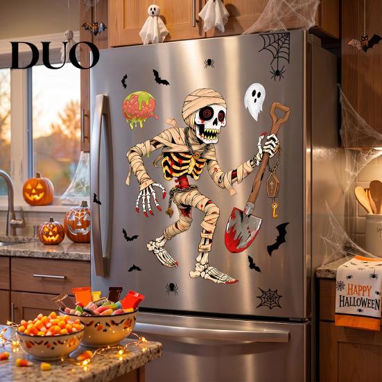 Waterproof Holiday Window Film Halloween Clings, Pumpkins Skeletons Ghosts And Bats Print Decorative Indoor Outdoor Glass Ornaments