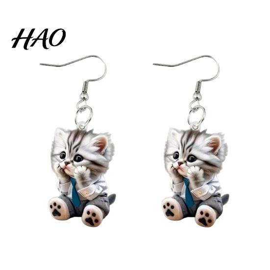 Cat Earrings 1 Pair Women Hook 2D Realistic Shape Animal Theme Individual Ear Jewelry Dangle Anniversary Christmas Gift Hanging Lady Acrylic