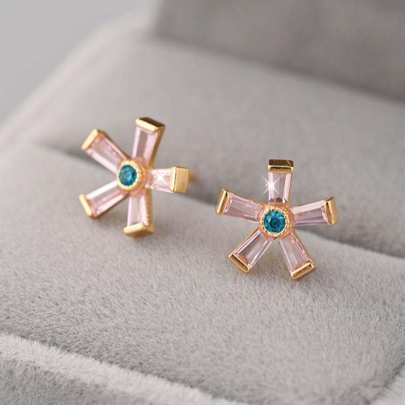 Real 925 Sterling Silver Sweet Pink Flowers Stud Earrings For Women Pave Setting CZ Fine Jewelry Gift
