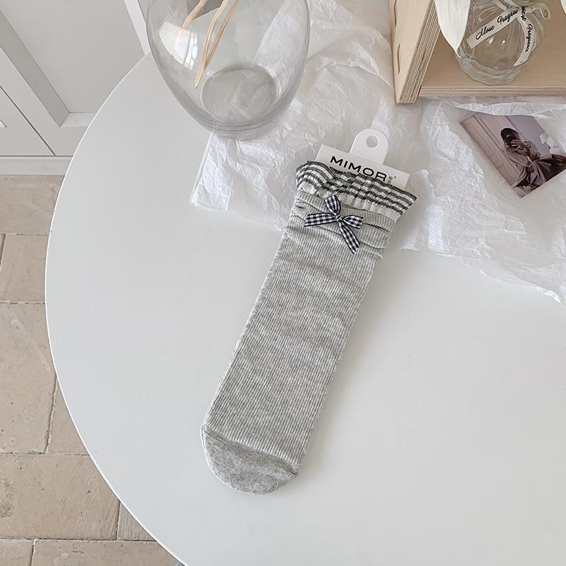 Ladies Summer Thin Bow Plingham Lace Ballet Breathable Boneless Mid Tube Pile Socks