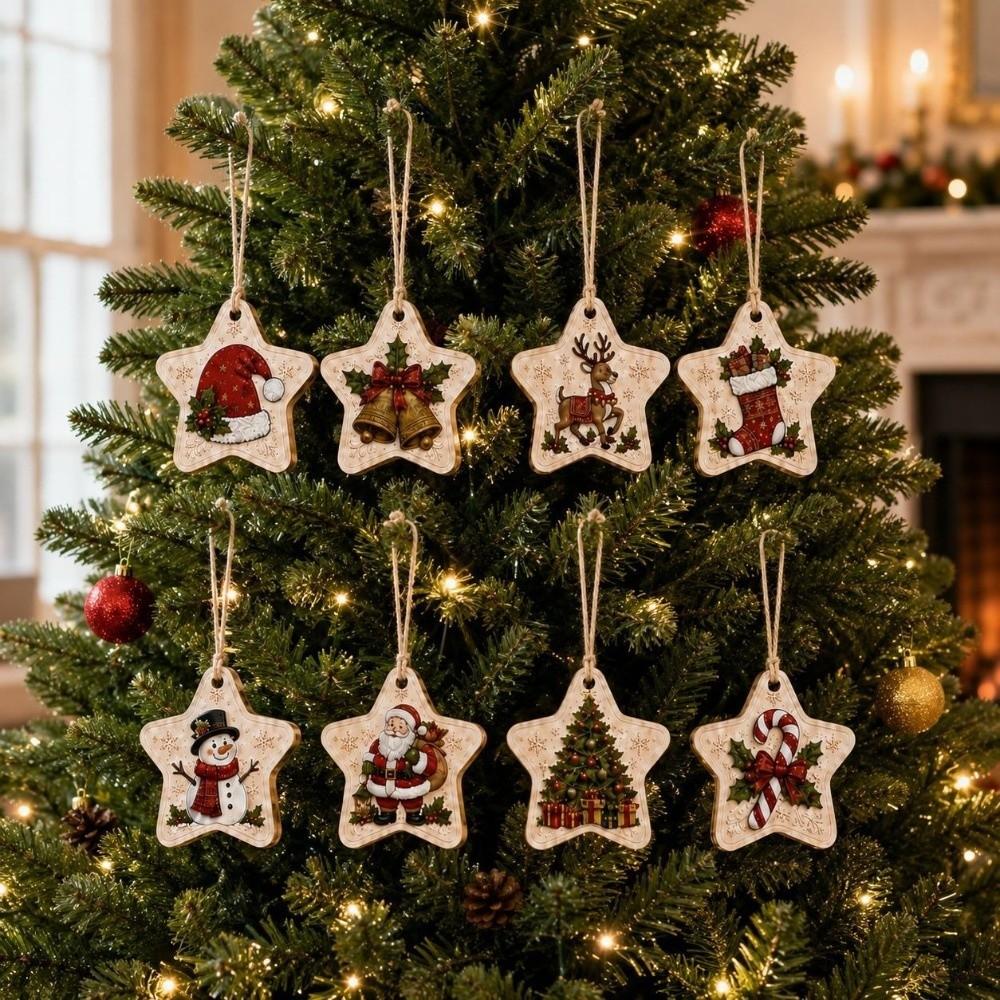 8 pcs Wooden Christmas Tree Ornaments Snowman Santa Claus Decor Xmas Hanging Pendant Christmas