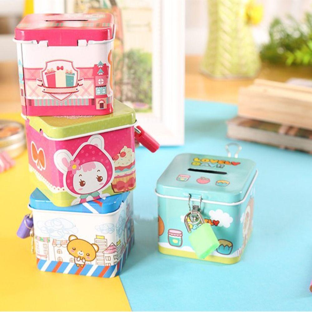С замком Квадратная банка для мелочи Милая металлическая шкатулка для украшений Креативная мультяшная копилка Домашний декор