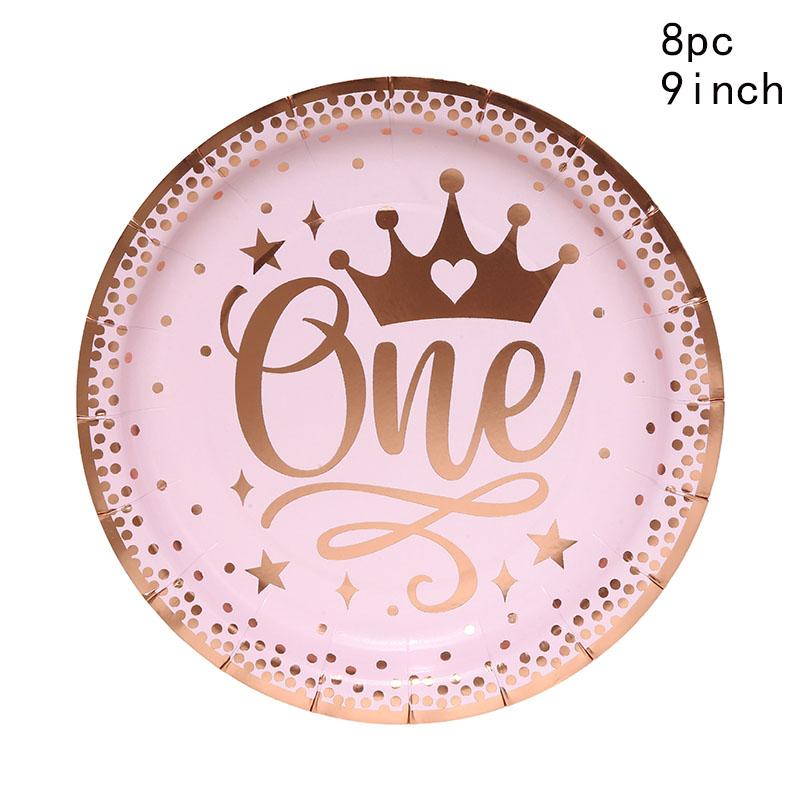 Pink Gold Girl One Year Birthday Disposable Tableware Princess Crown Plates Paper Cups 1st Baby Girl Happy Birthday Party Decor