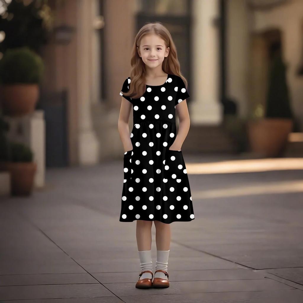 Детская юбка с круглым вырезом и коротким рукавом, платье принцессы, модное повседневное платье с карманами для девочек