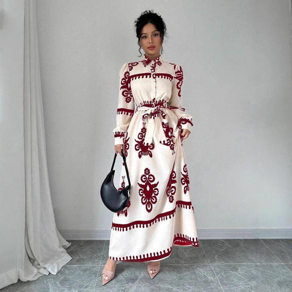 Платье с принтом, шнуровкой и длинными рукавами, осень-зима 2025, европейский и американский стиль