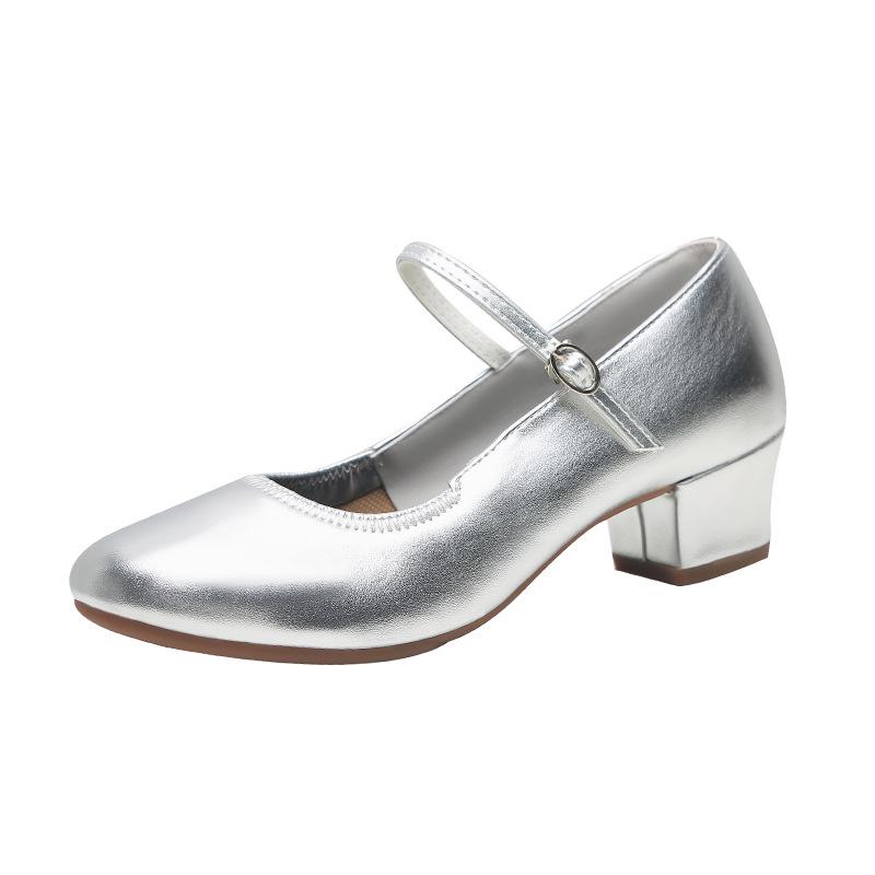 Женские серебристые туфли на среднем каблуке из мягкой кожи для бальных танцев