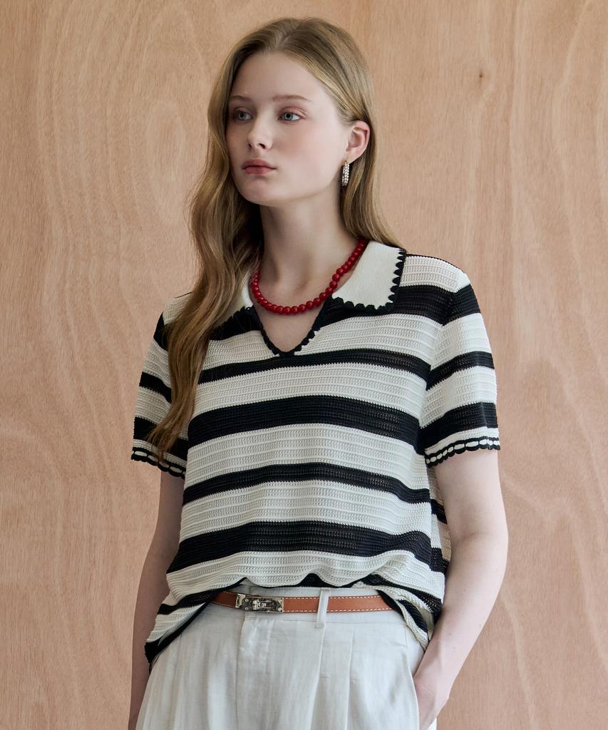 MAXZA Scalloped Stripe Open Collar Summer Knit