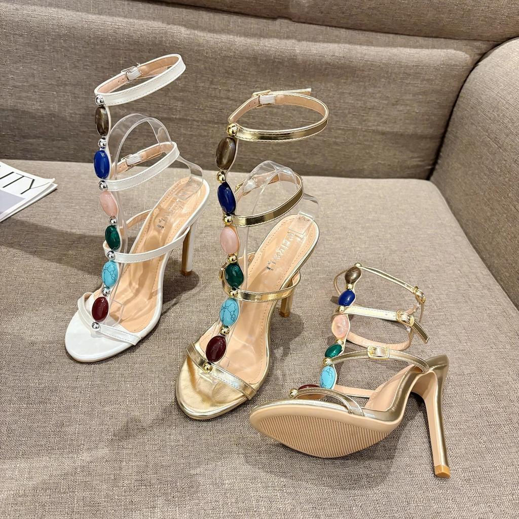 Летние женские модные босоножки на высоком каблуке с круглым носком, цветными кристаллами, ремешком на щиколотке, женские золотистые туфли для вечеринки и свадьбы