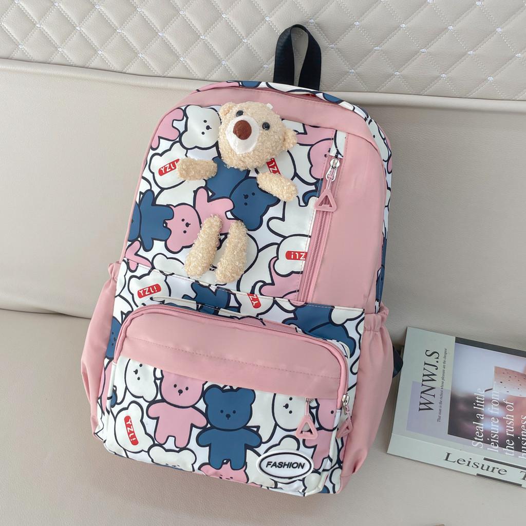 Trendy Large Capacity Canvas Backpack For Girls With Cute Bear Design In Multiple Colors